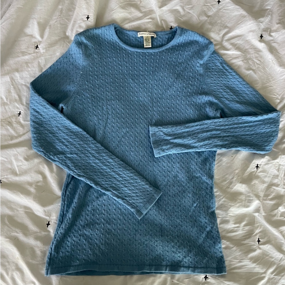 Fairway & Greene Vintage blue Cable Knit Sweater SzL merino wool preppy golf
